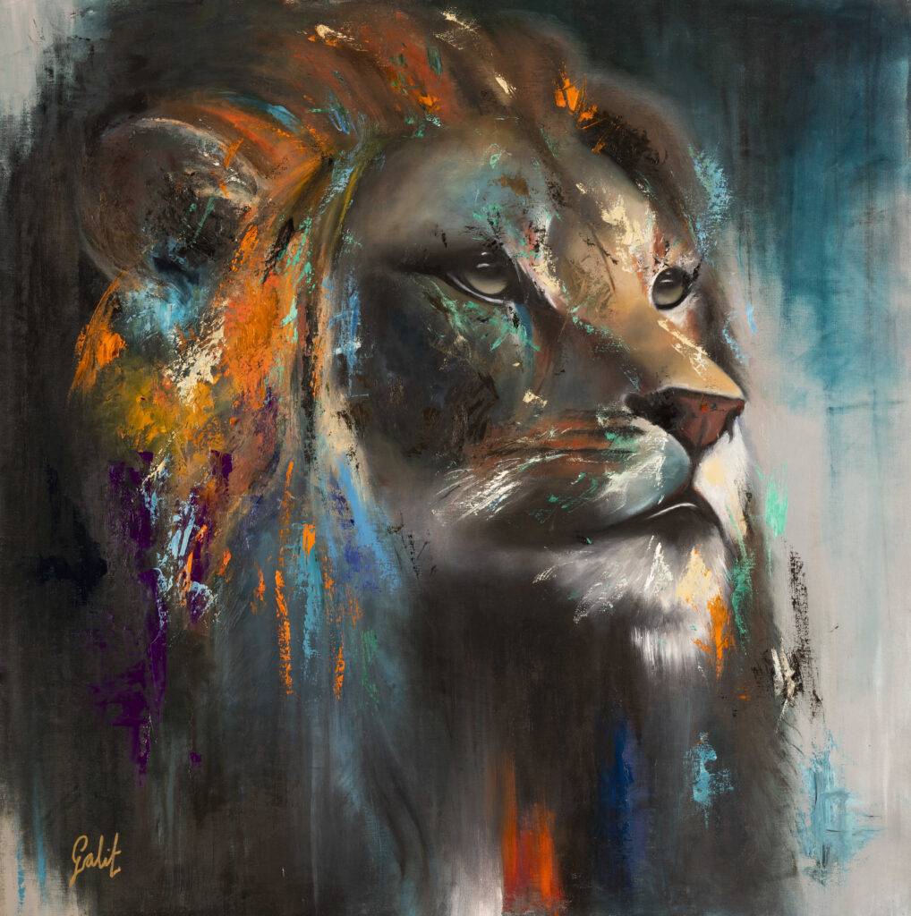 Lion, an original oil portrait of a lion's head in profile with a mane of turquoise, orange and gold, by Galit Cohen
