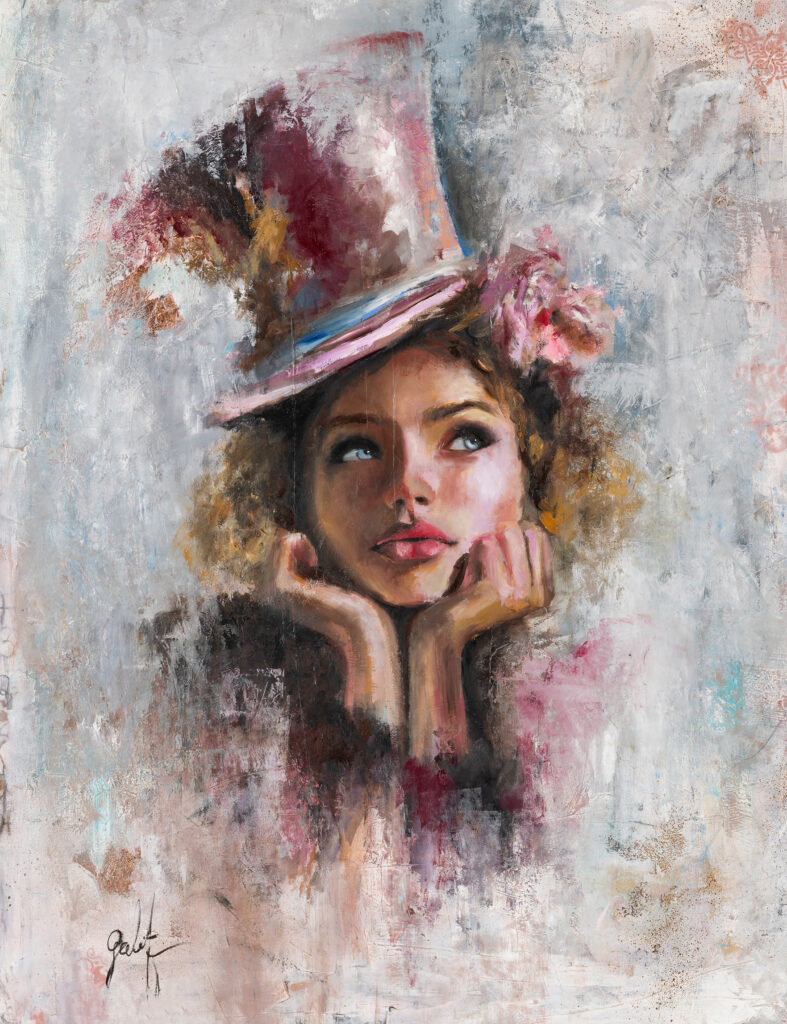 Dream, an original oil portrait of a daydreaming girl in a pink top hat with flowers, chin resting on her hands, by Galit Cohen
