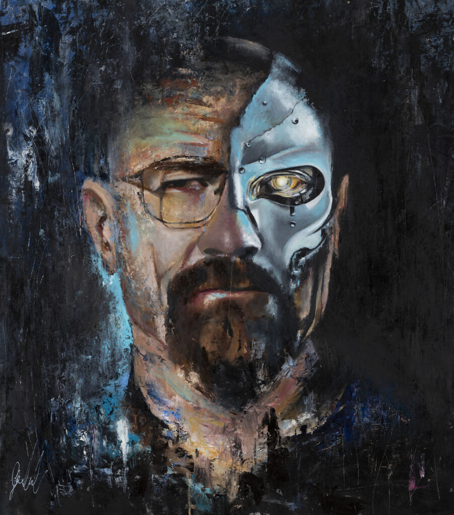 HeisenBORG, an original oil portrait of a bearded man with glasses whose right half of the face is a chrome robot mask, by Galit Cohen