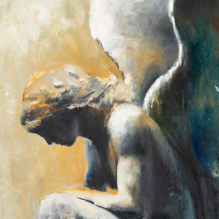 Angel by Galit Cohen — close-up of the bowed head and the white feathers of the wing, oil on canvas