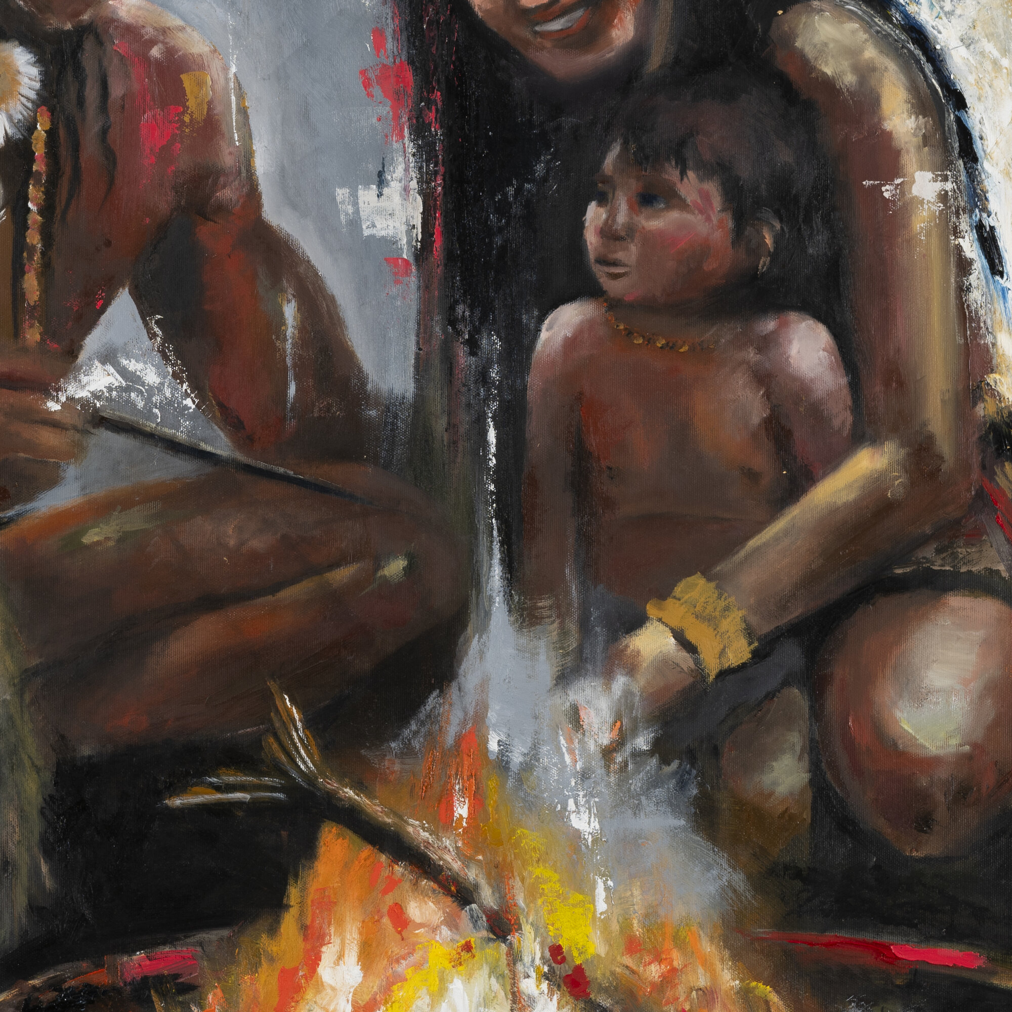 Circle of Fire by Galit Cohen — close-up of the mother, the child and the warm glow of the fire, oil on canvas