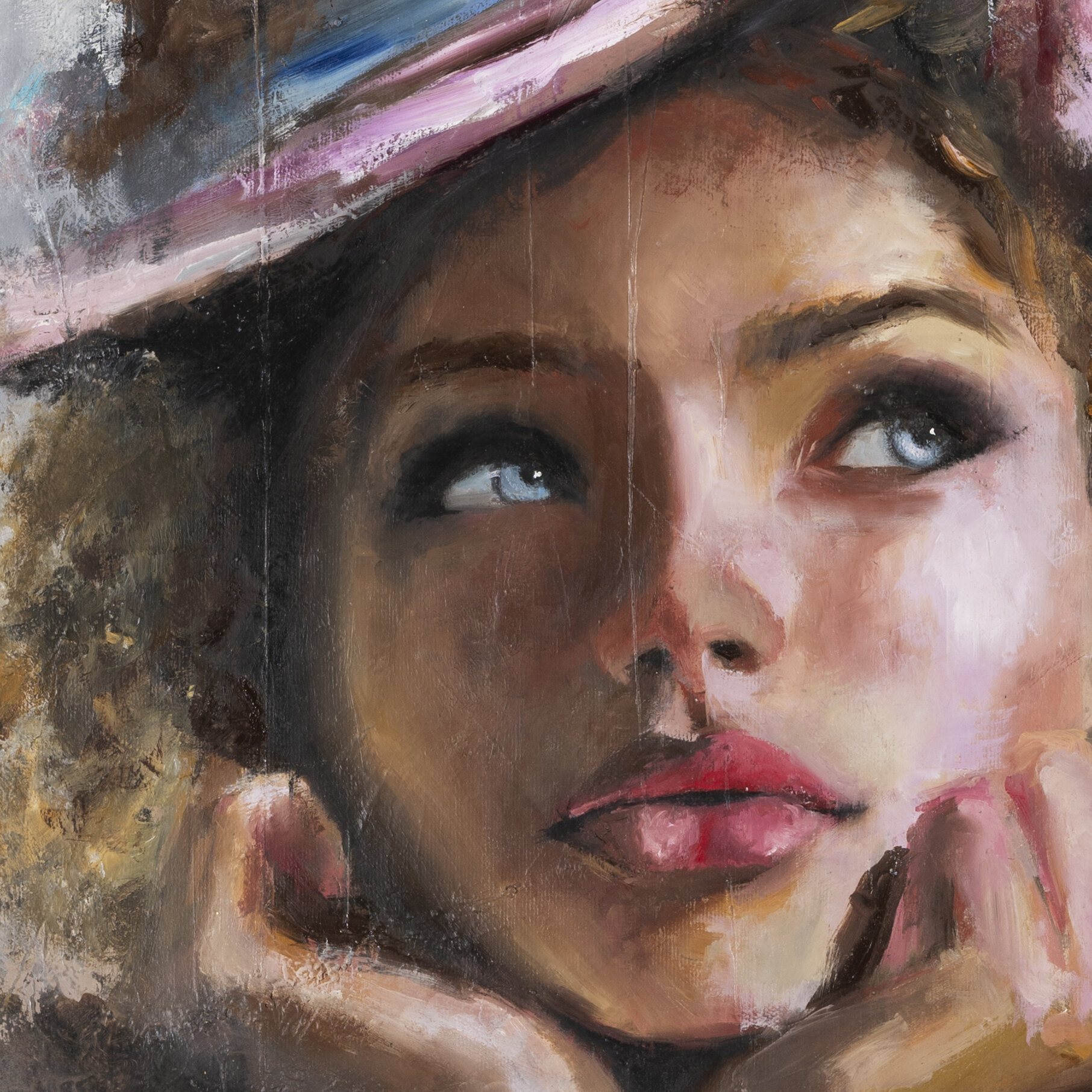 Dream by Galit Cohen — close-up of the upturned blue eyes beneath the hat, oil on canvas