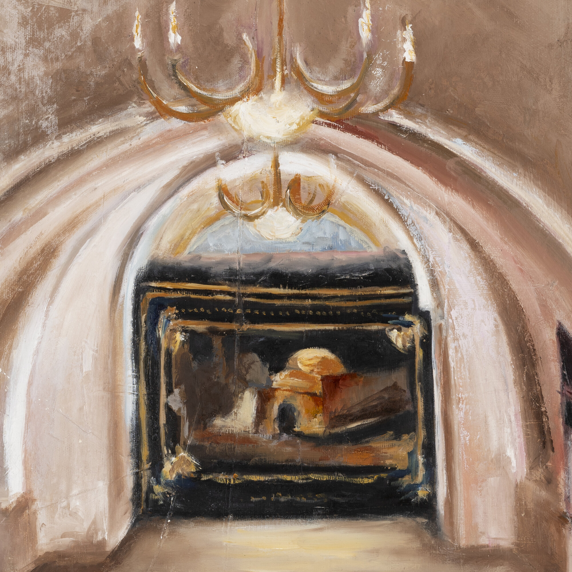 קבר רחל מאת גלית כהן – תקריב של המעבר המקומר, המנורה התלויה והקבר שבקצה, שמן על בד