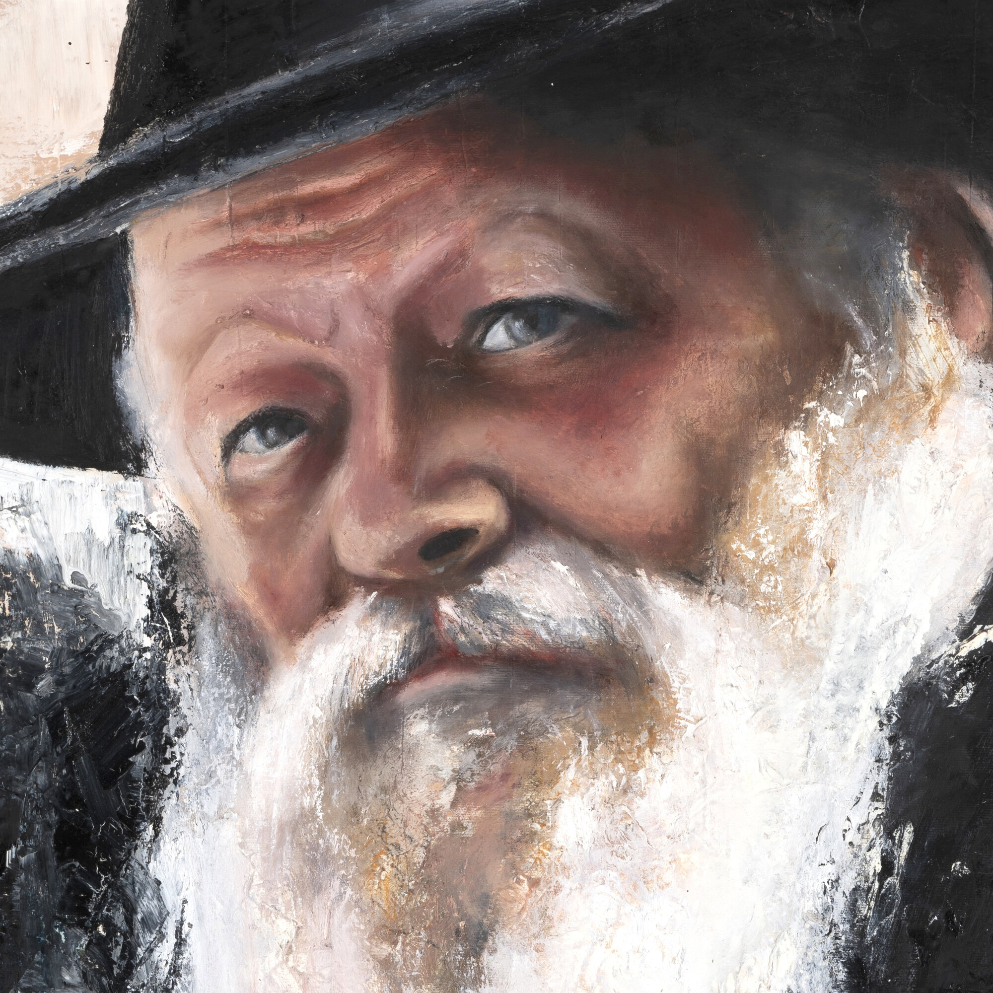 הרבי מלובביץ’ מאת גלית כהן – תקריב של העיניים הכחולות, הזקן הלבן ושולי הכובע, שמן על בד