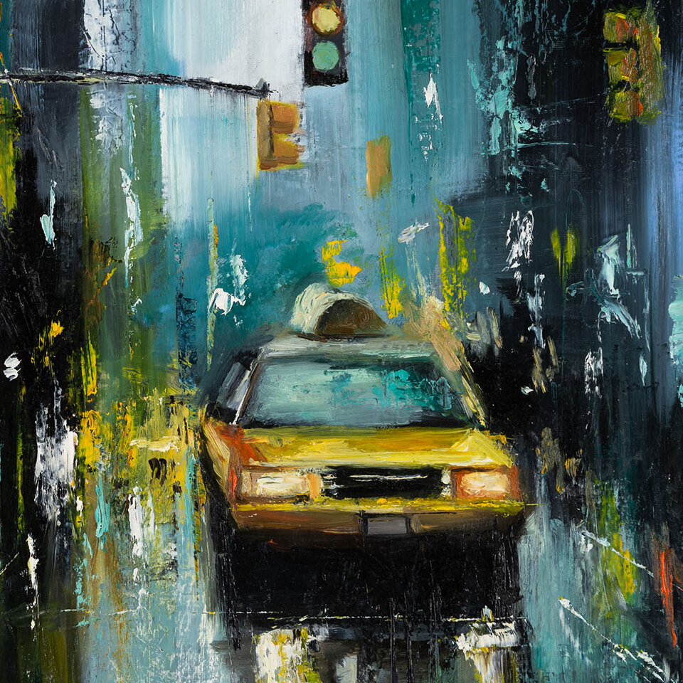 New York by Galit Cohen — close-up of the yellow taxi and its reflection on the wet street, oil on canvas