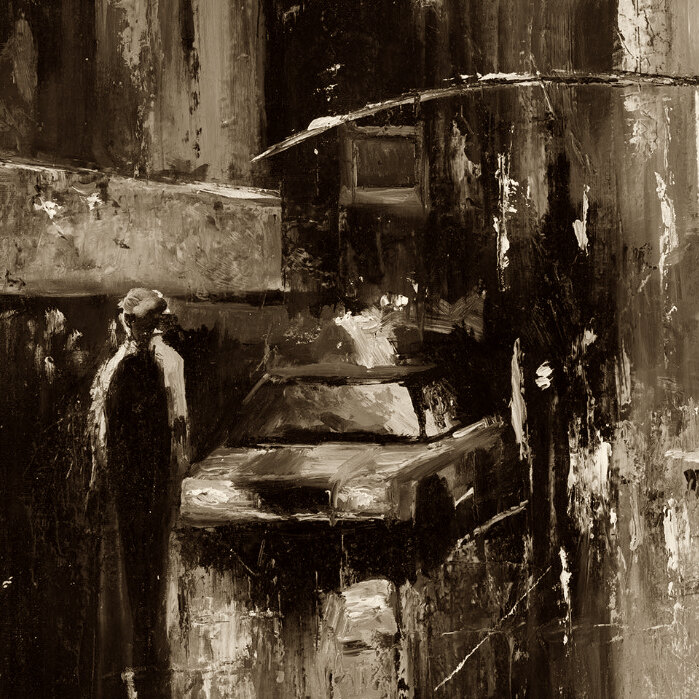 New York – Monochrome by Galit Cohen — close-up of the passer-by and the taxi in shades of sepia, oil on canvas