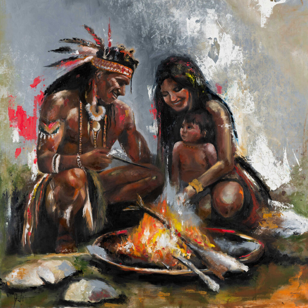 Circle of Fire, an original oil painting of Native American figures gathered around a campfire, by Galit Cohen