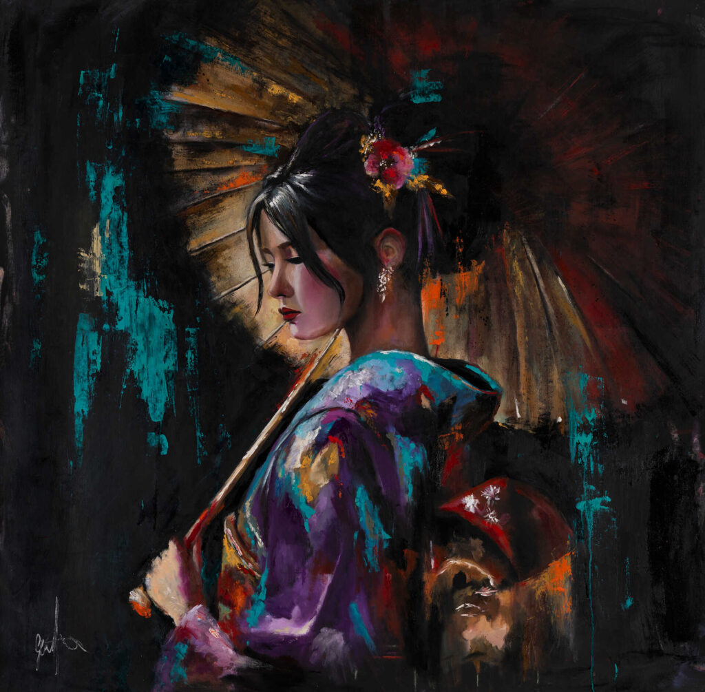 Reina, an original oil painting of a Japanese woman in a kimono holding a parasol, in teal and magenta on black, by Galit Cohen