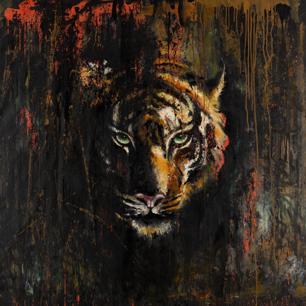 Fierce — a tiger's face emerging from dark, rust and gold brushwork, oil painting by Galit Cohen