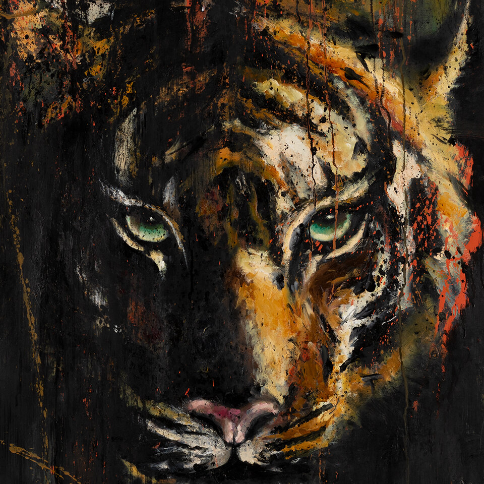 Fierce by Galit Cohen — close-up of the tiger's green eyes and painted stripes, oil on canvas