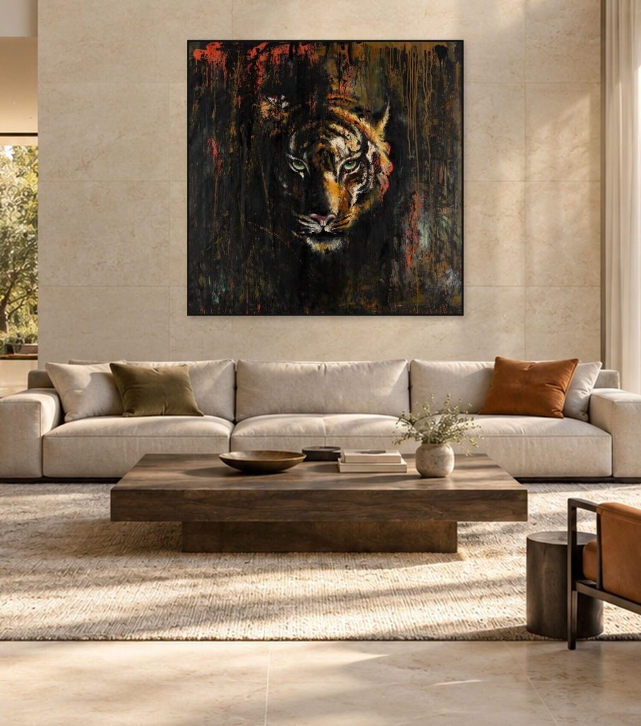 Fierce oil painting by Galit Cohen in an illustrative interior