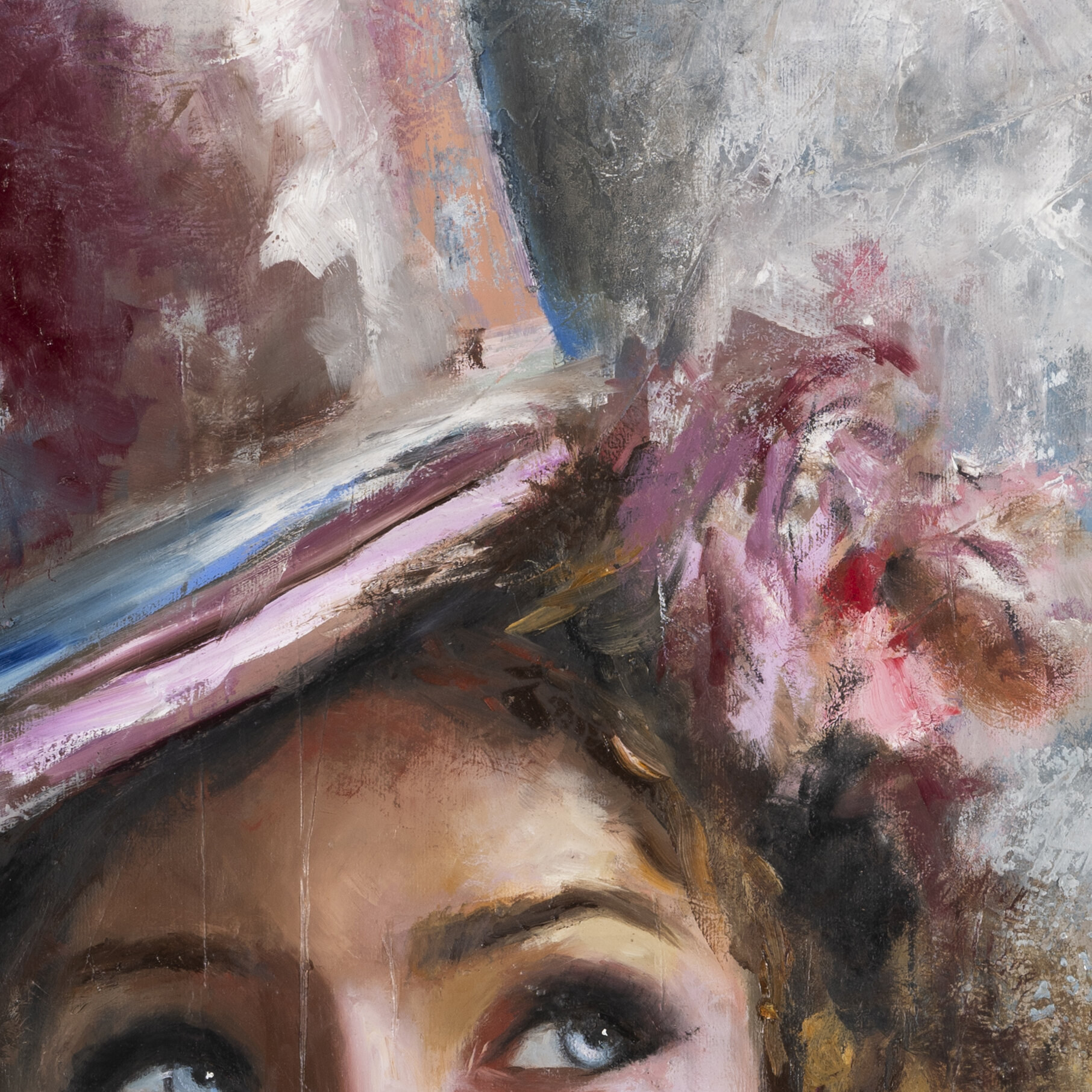 Dream – Close View by Galit Cohen — close-up of the hat and the painted flowers, oil on canvas