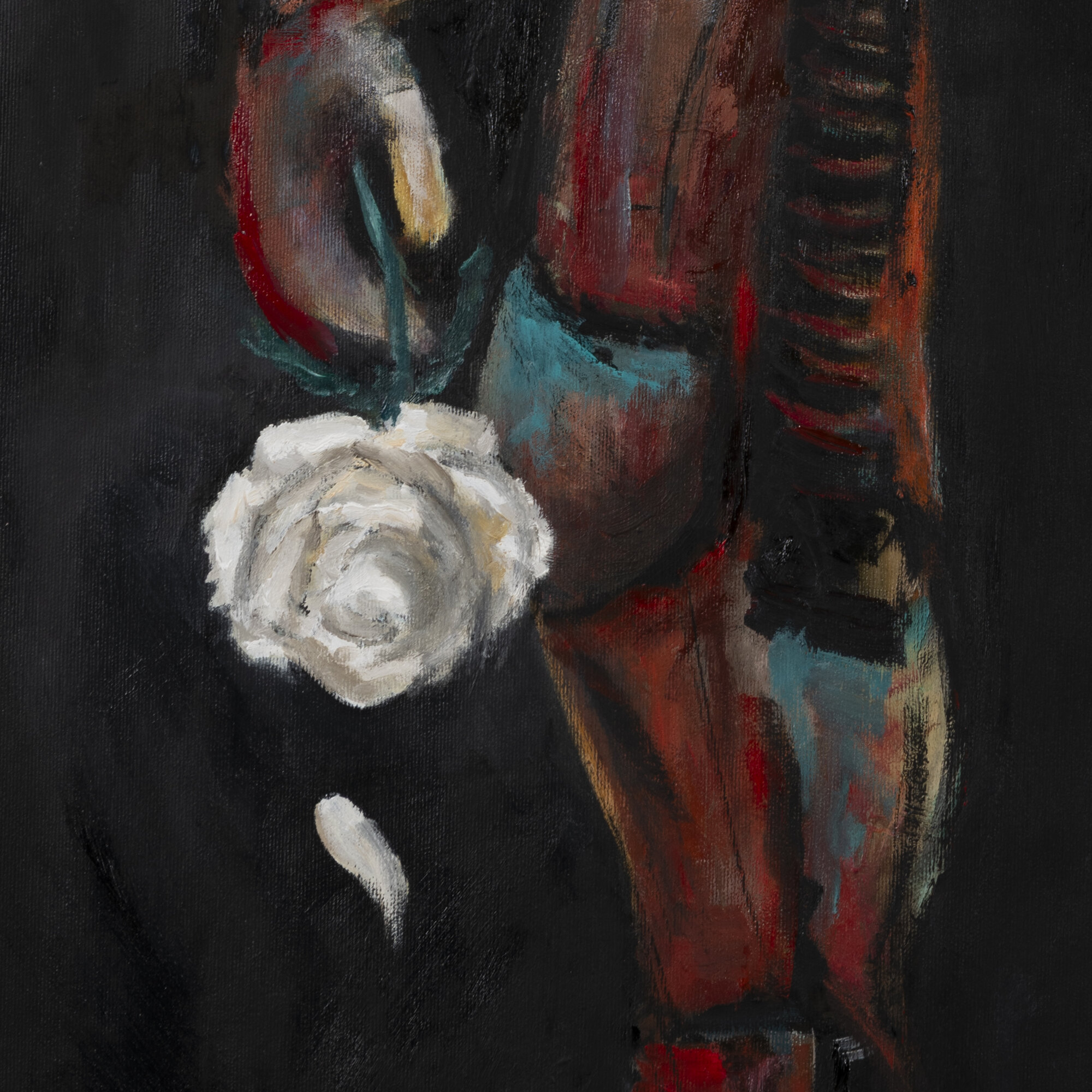 Anima 424 by Galit Cohen — close-up of the metal hand holding a white rose, oil on canvas