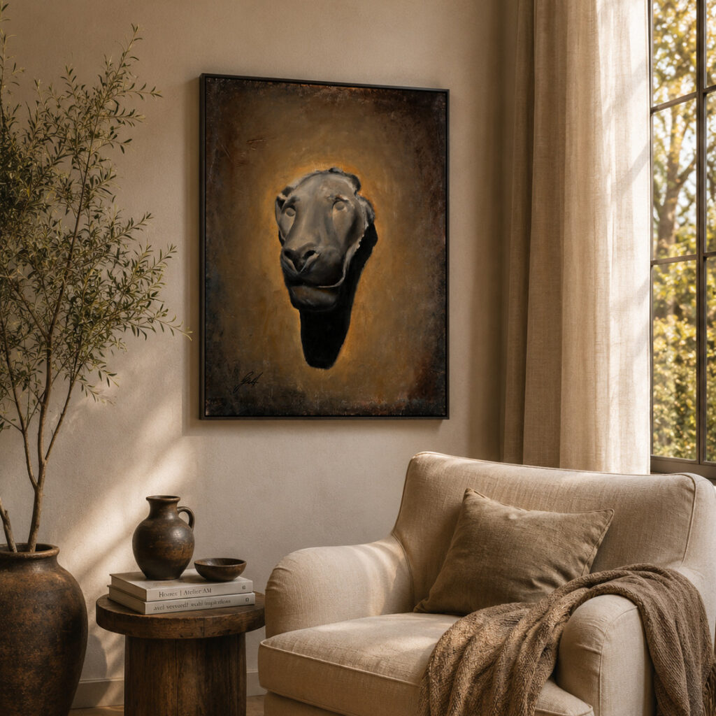 Emergence framed in black beside an armchair in a sunlit room