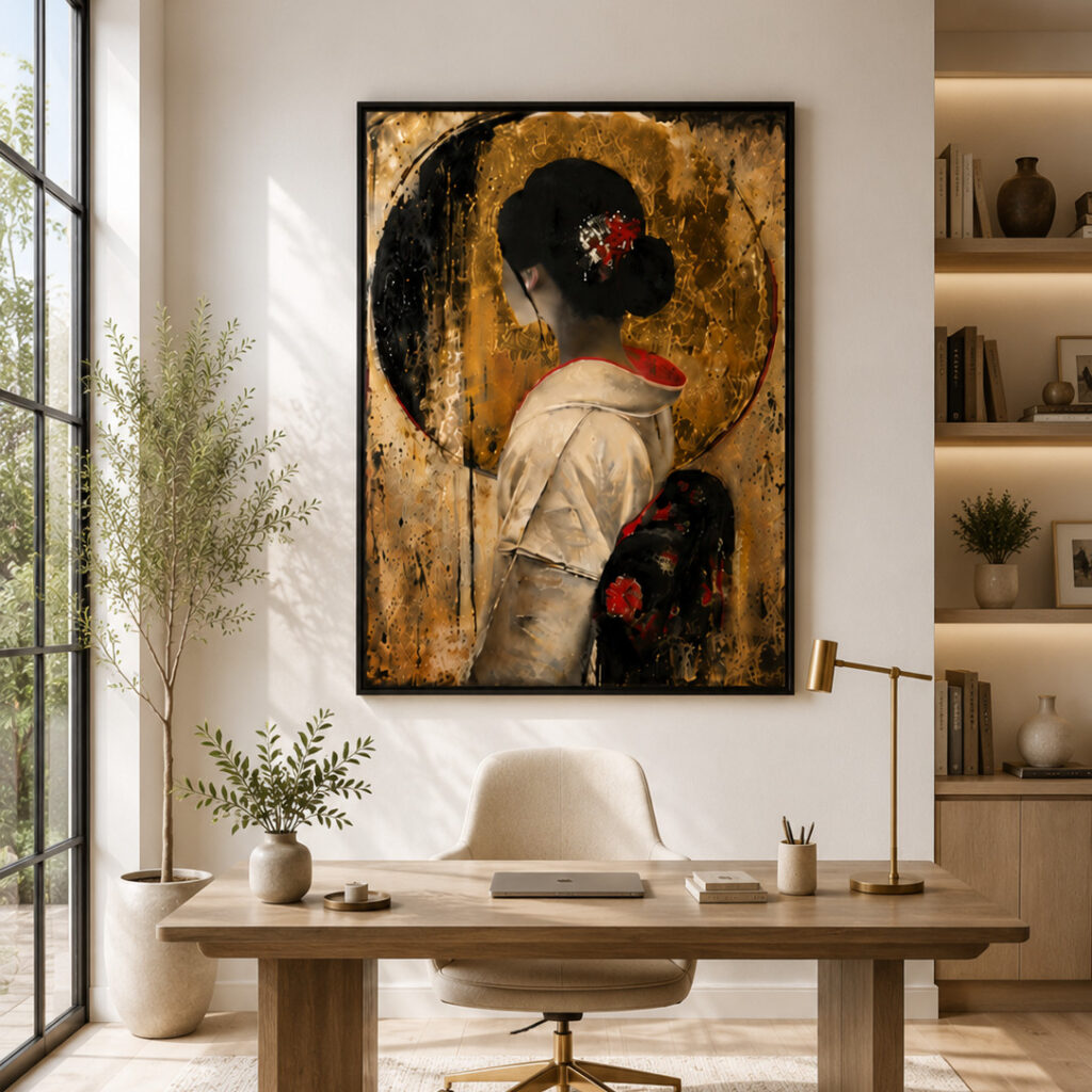 Ki Mono 1 framed in black above a desk in a sunlit study