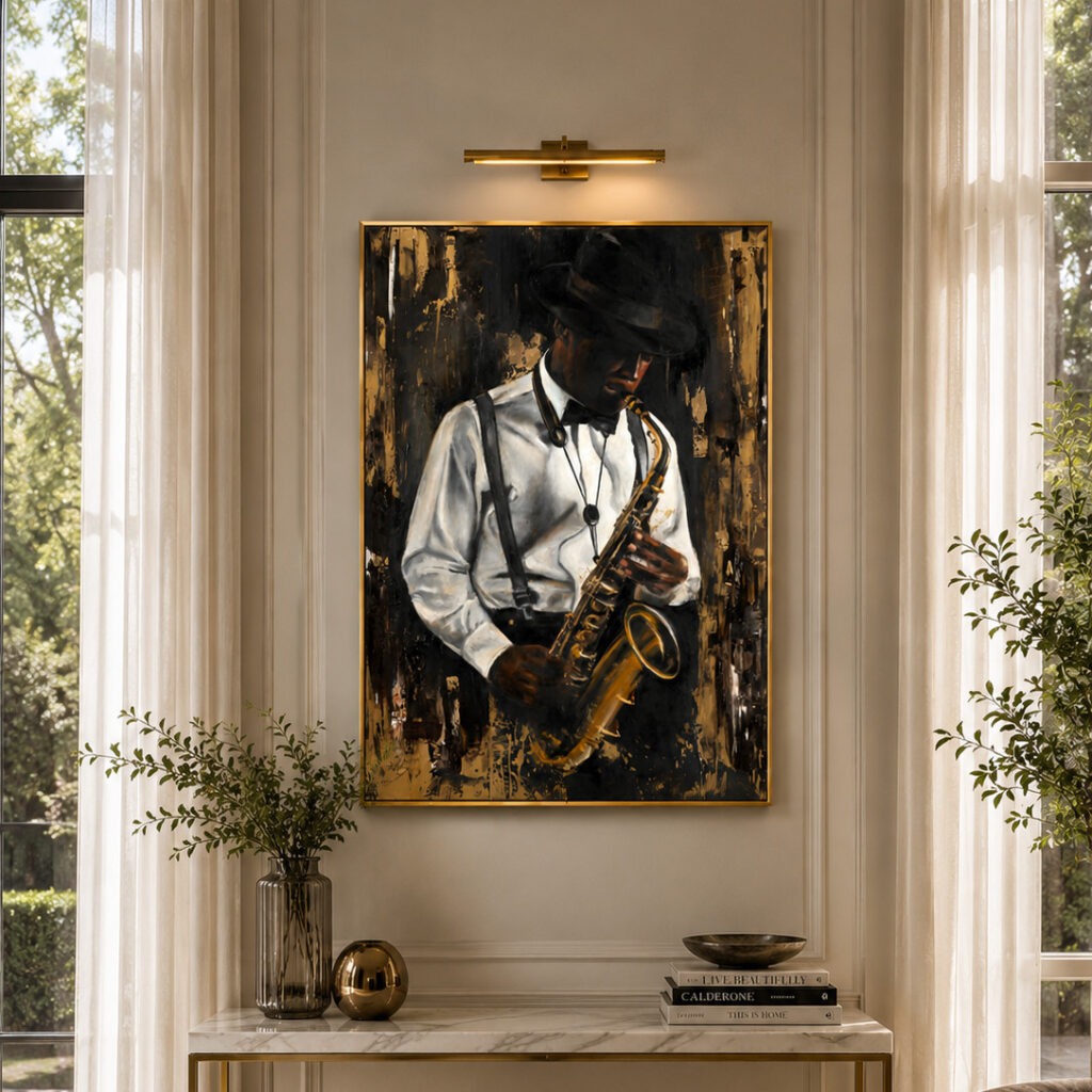 Soul in Oil framed in brass above a marble console in a modern living room