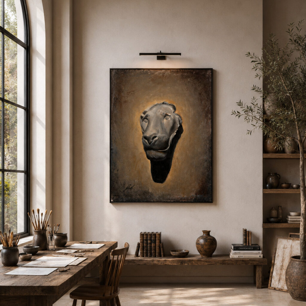 Emergence hanging above a wooden bench in a studio space