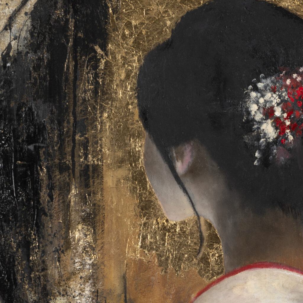 Close-up of the gold leaf and brushwork in Ki Mono 1