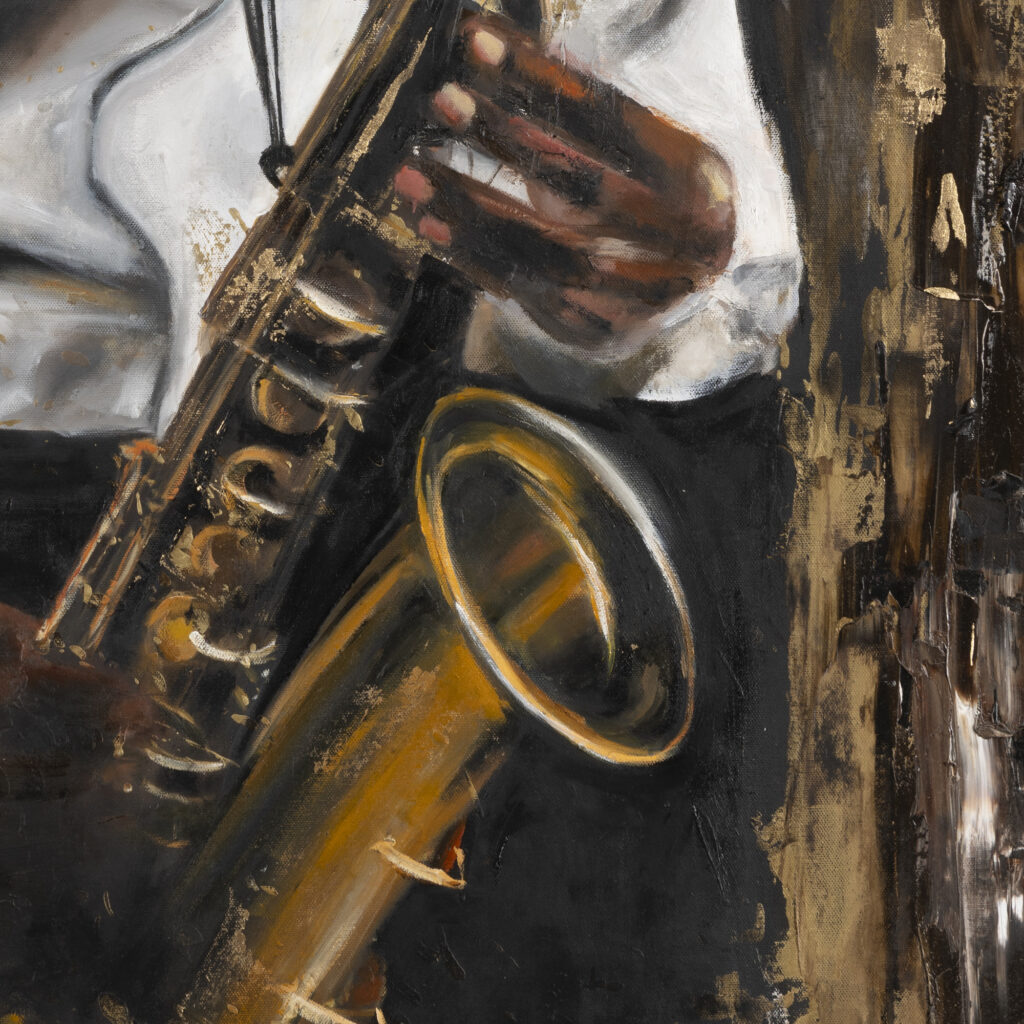 Close-up of the saxophone and brushwork in Soul in Oil