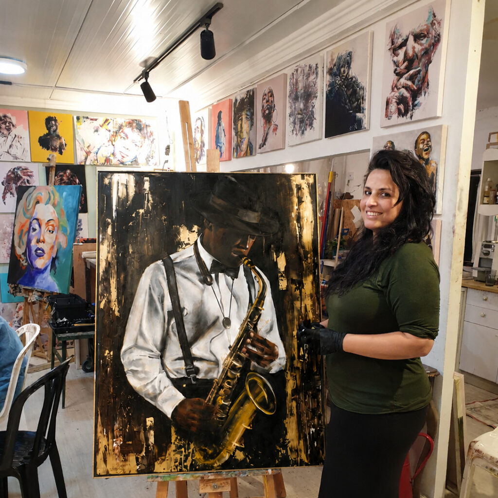 Artist Galit Cohen beside the original painting Soul in Oil in her studio