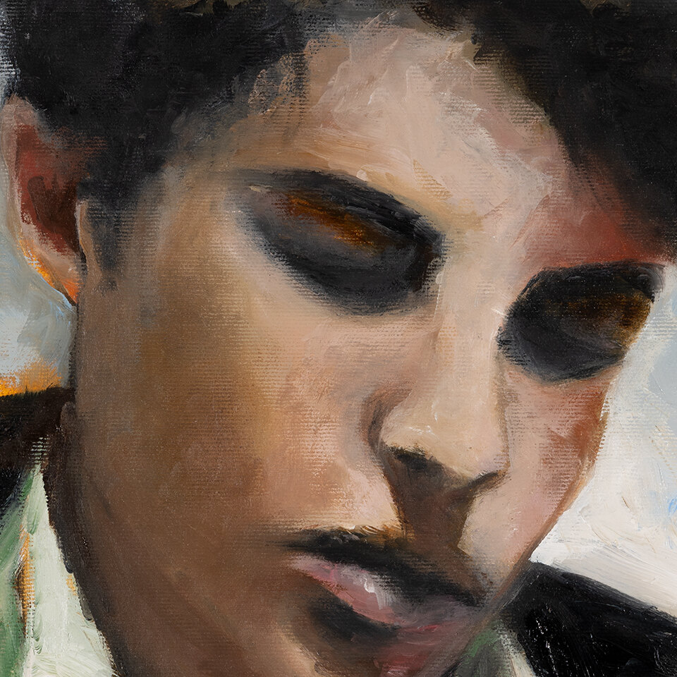 Youth by Galit Cohen — close-up of the lowered eyes and the dark curls, oil on canvas
