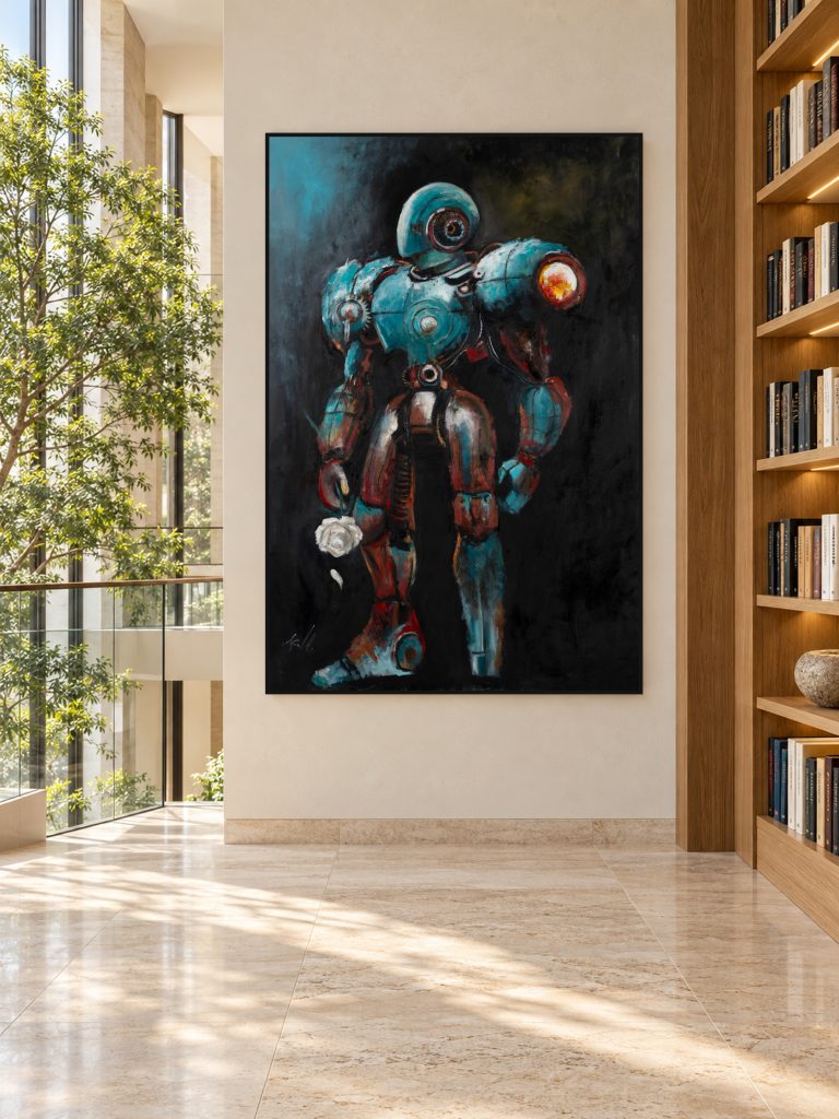 Anima 424 by Galit Cohen beside a home library