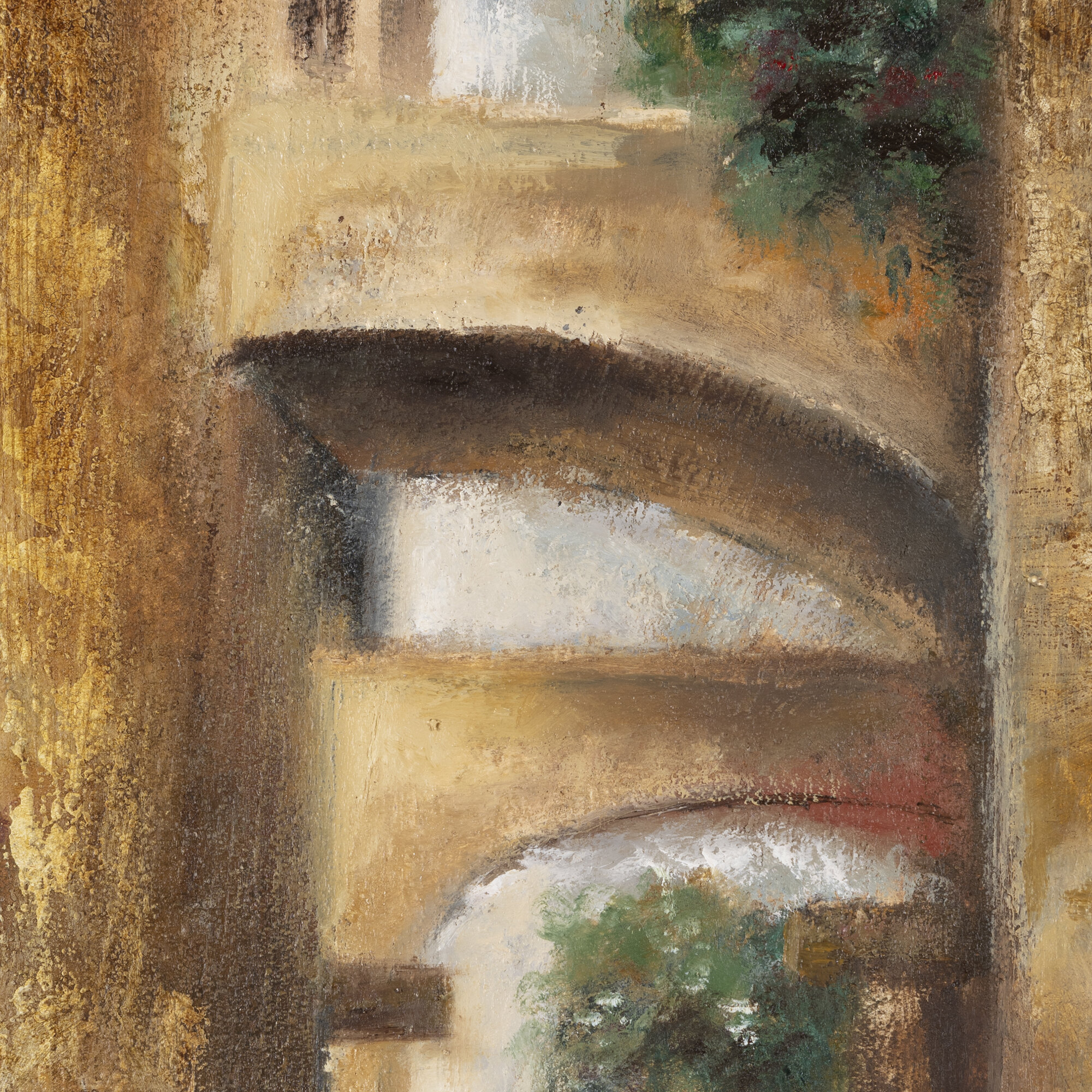 Between Light and Stone by Galit Cohen — close-up of the stone arches and the green leaves in the alley, oil on canvas