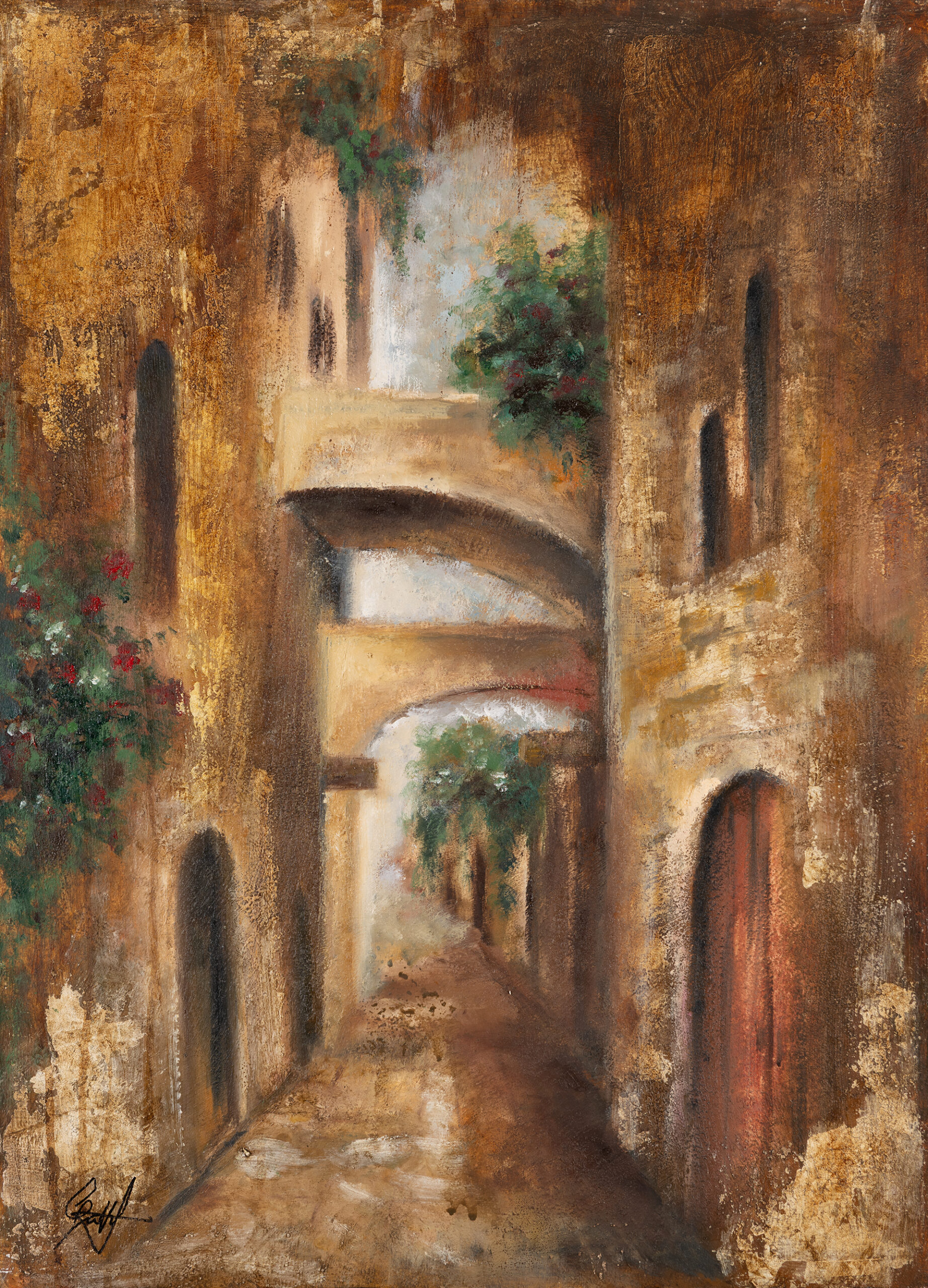 Between Light and Stone — a narrow sunlit stone passage in Jerusalem's Old City, mixed textured oil on MDF by Galit Cohen