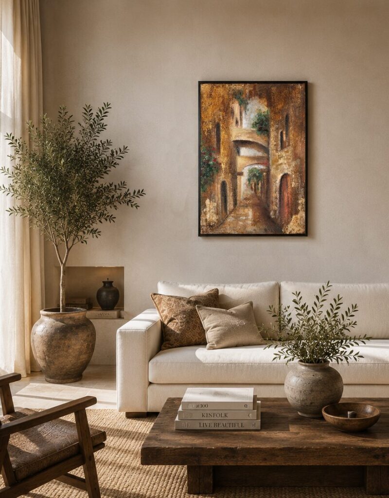 Between Light and Stone by Galit Cohen, 70 × 50 cm, shown to scale in a living room