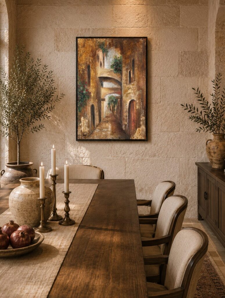 Between Light and Stone by Galit Cohen, 70 × 50 cm, shown to scale in a dining area