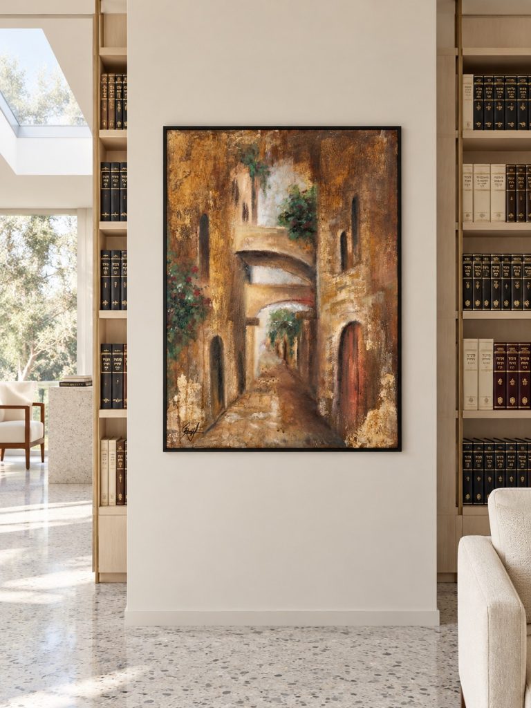 Between Light and Stone by Galit Cohen beside a Torah library