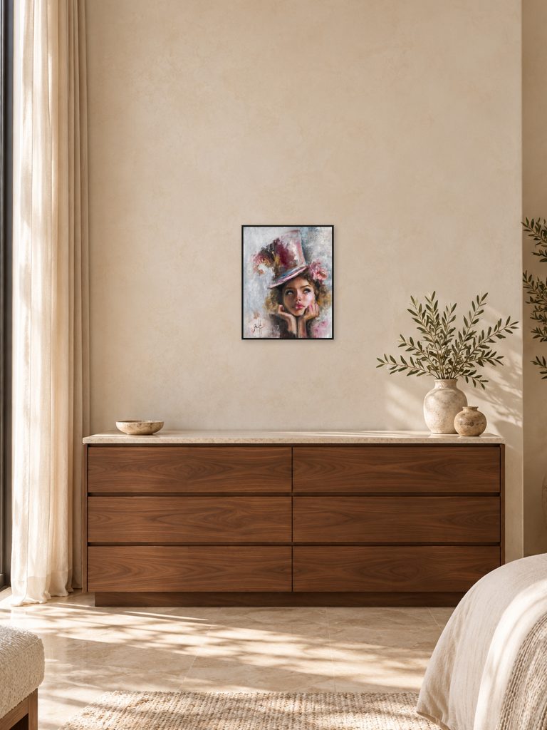 Dream - Close view, oil painting by Galit Cohen, shown in a bedroom dresser