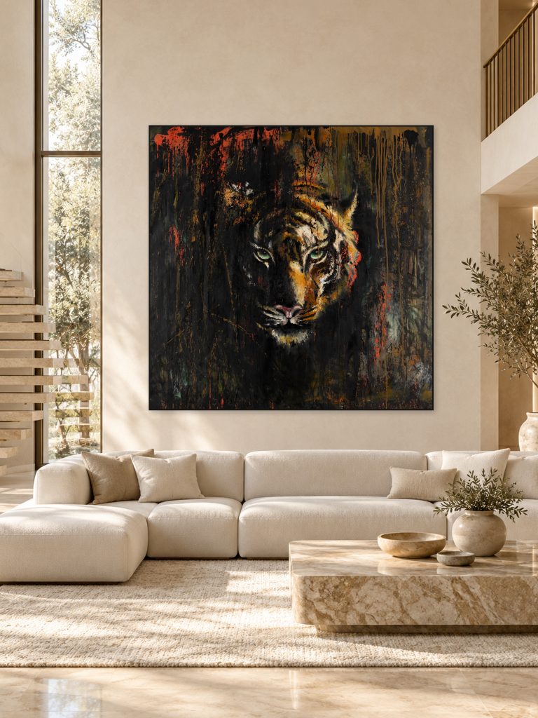 Fierce, oil painting by Galit Cohen, shown in a double height living room