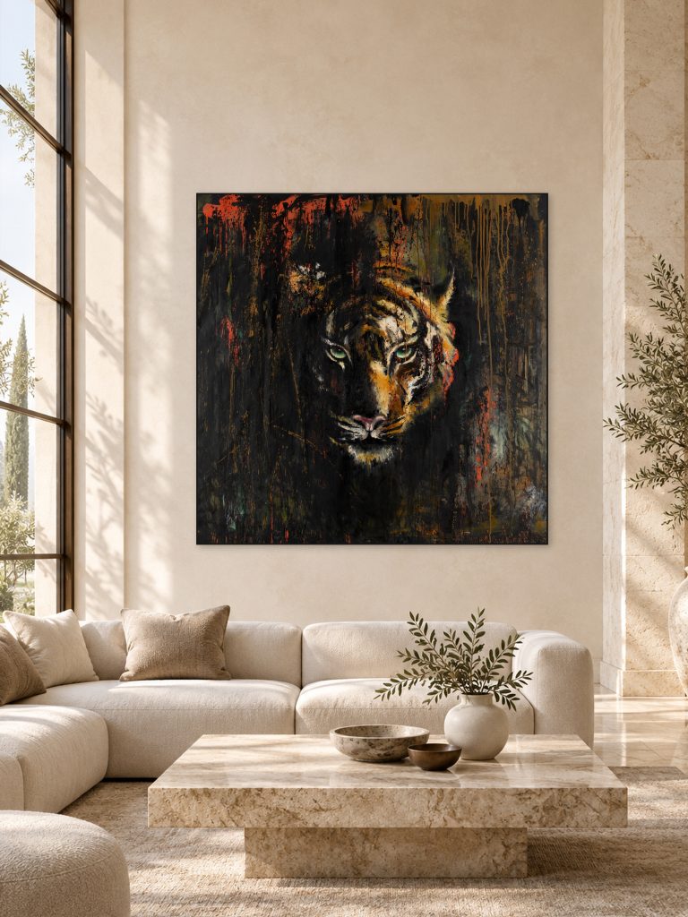 Fierce, oil painting by Galit Cohen, shown in a designed loft