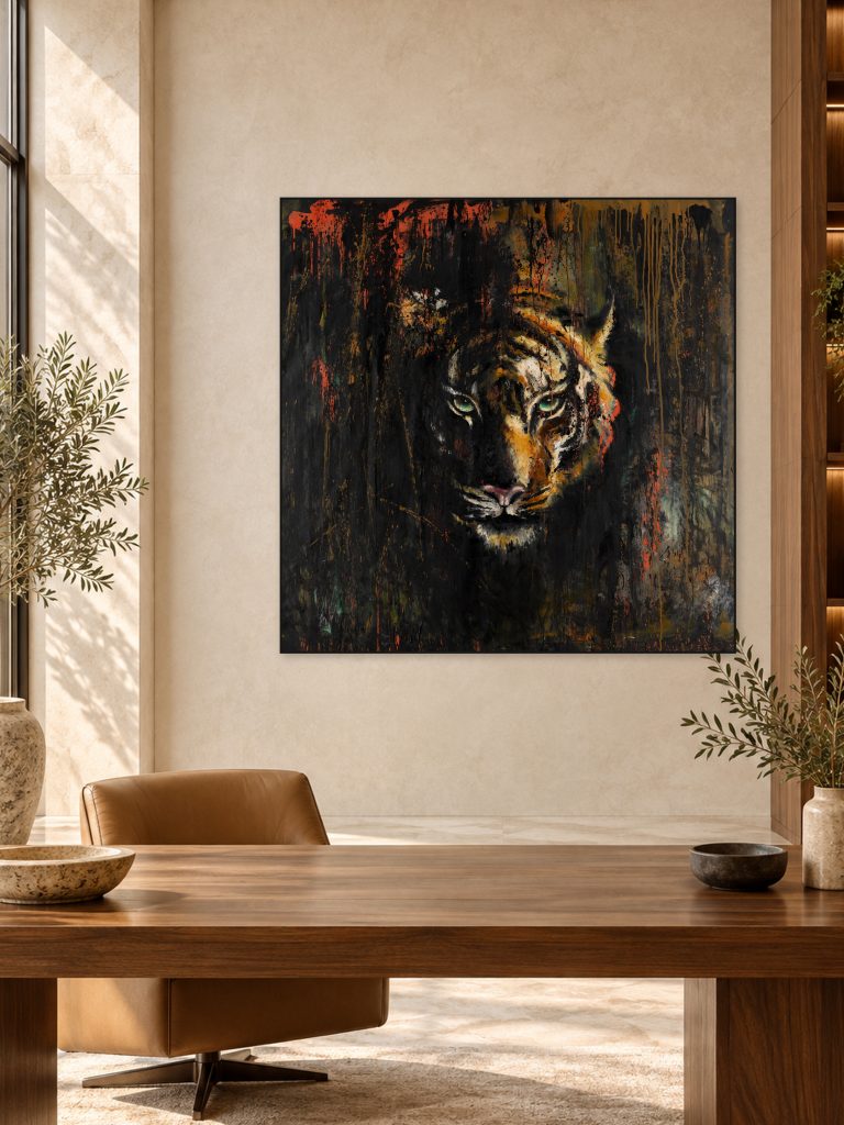 Fierce, oil painting by Galit Cohen, shown in a collectors study