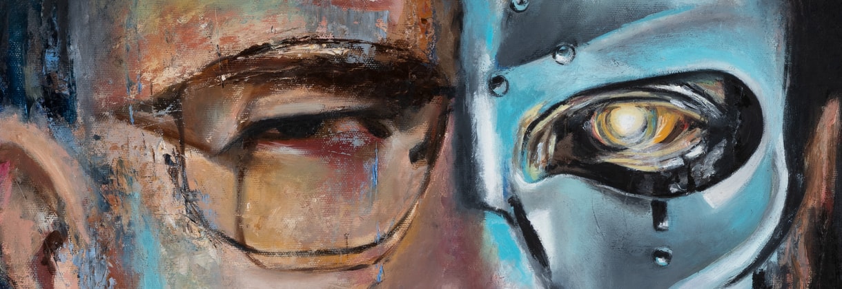 HeisenBORG by Galit Cohen — close-up of the two eyes: the human eye behind the glasses and the machine eye with its tear, oil on canvas