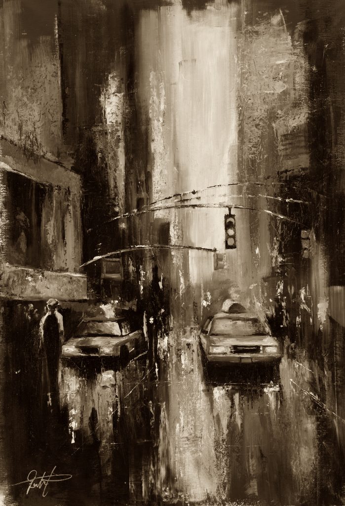 New York – Monochrome, sepia oil painting of a rainy street by Galit Cohen