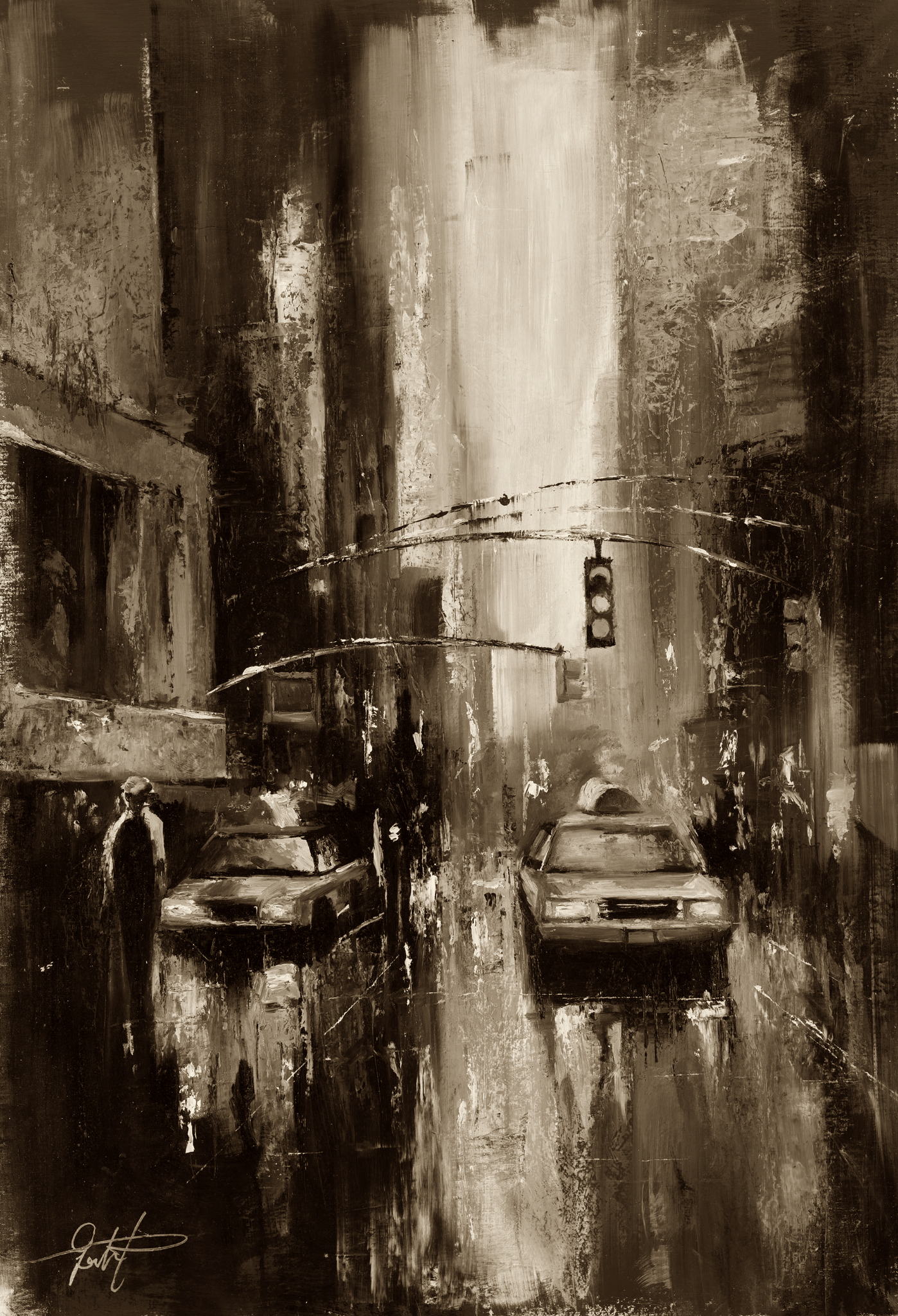 New York – Monochrome, sepia oil painting of a rainy street by Galit Cohen