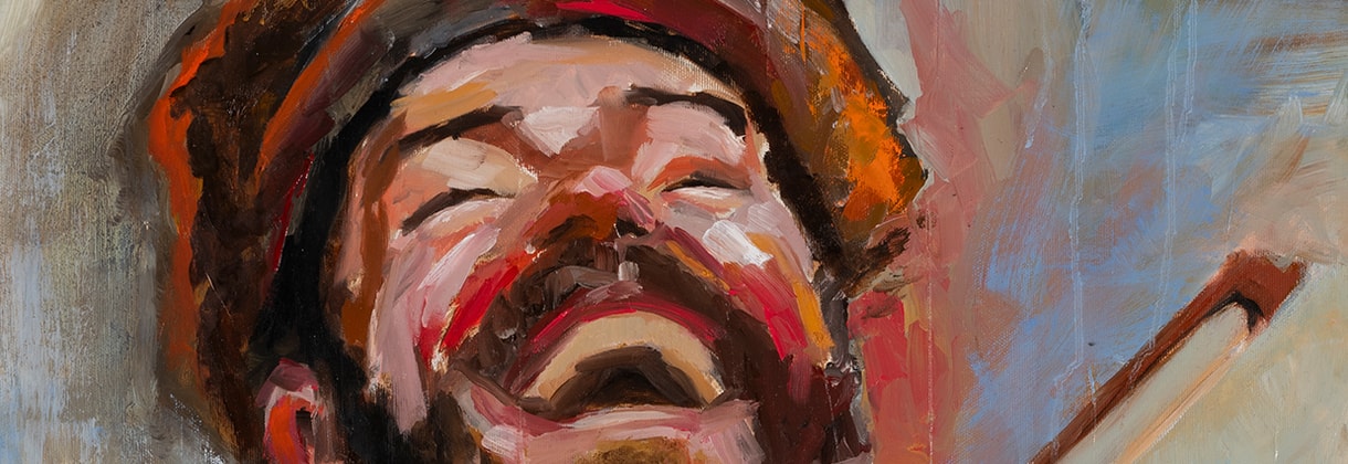 Tuvia by Galit Cohen — close-up of his laughing face, eyes closed in the music, oil on canvas