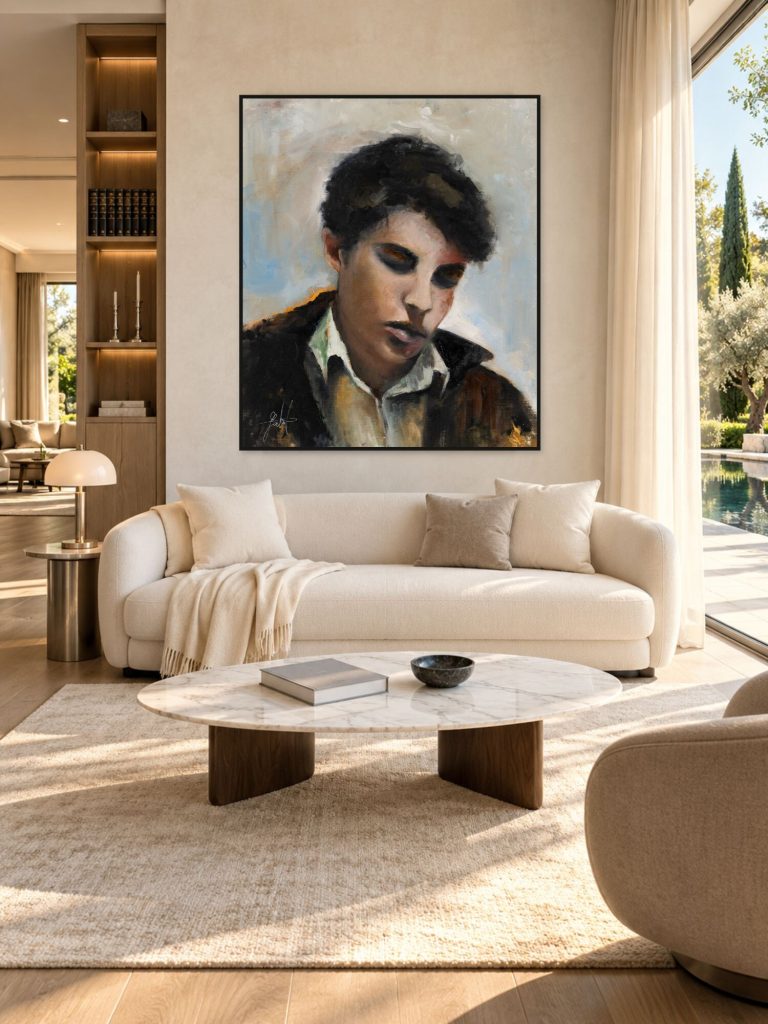 Youth oil painting by Galit Cohen in an illustrative living room