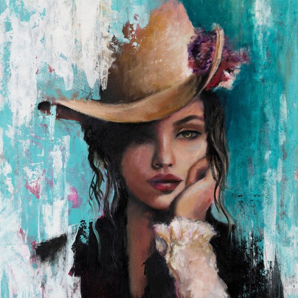 Between Thoughts, an original oil portrait of a woman in a hat by Galit Cohen