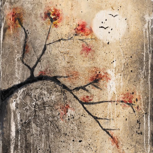 Whisper, an original painting of red blossoms under the moon by Galit Cohen
