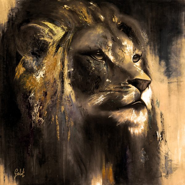 Golden Lion, an original black and gold lion portrait in oil by Galit Cohen